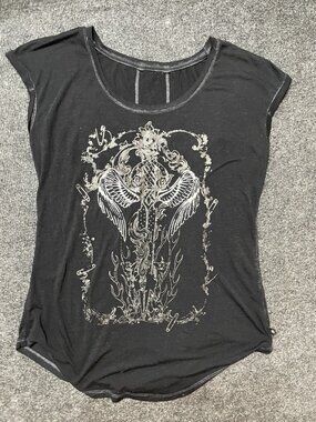Y2K Rock & Republic Black Rhinestone Fire Angel Wings Short Sleeve Top Size M